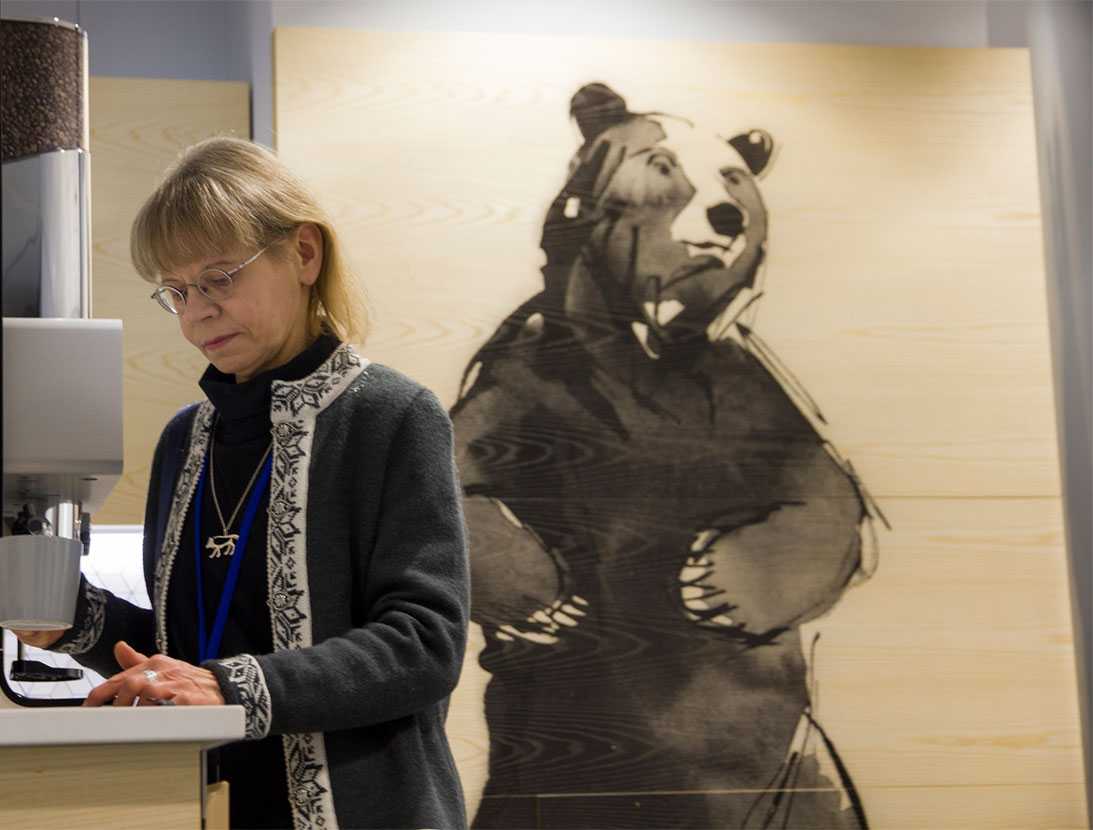 Teemu Järvi's animal art in kitchen space at Team Finland House in Helsinki, Finland